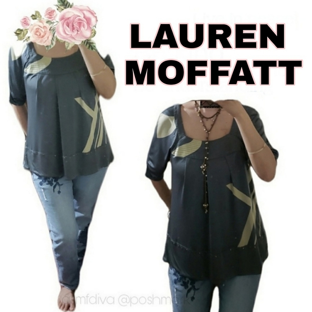 LAUREN MOFFATT - Gray Silk Blouse with Gold Pattern, Size M